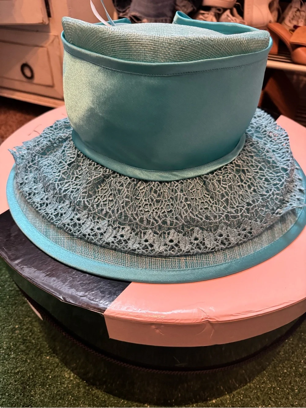 Champagne Italy Aqua Women's Dress Hat with Decorative Trim and box